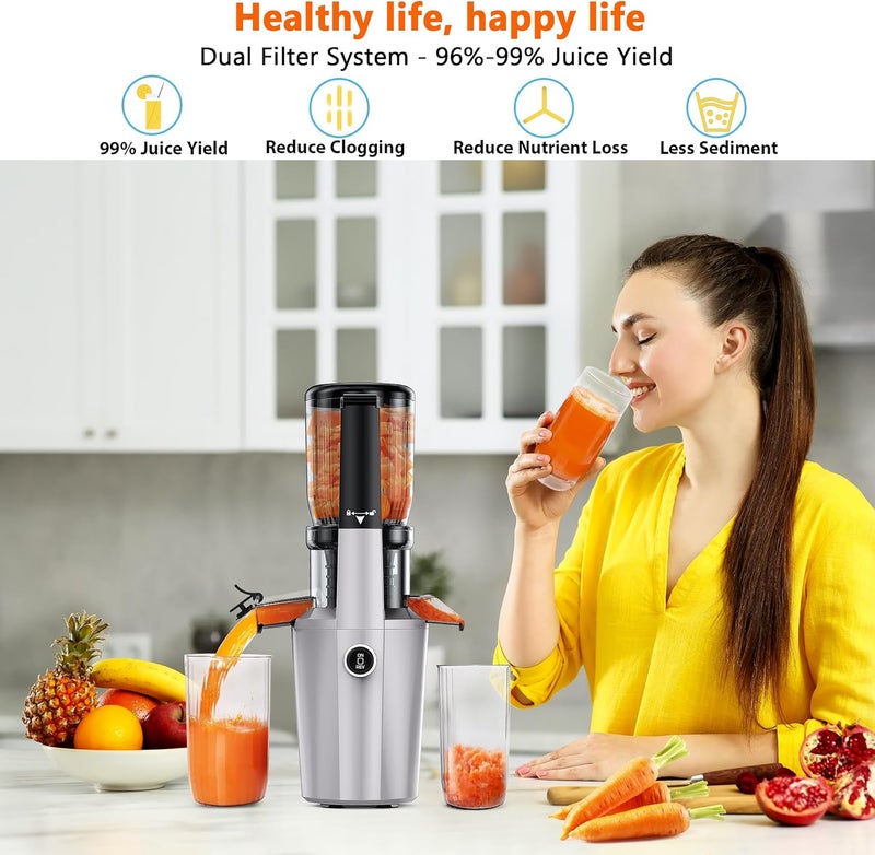 shengkefty Cold Press Juicer Machine, Slow Masticating Juicer with 96% Yield, Wide Chute for Whole Fruits, Ultra Quiet (<60dB) for Leafy Greens & Celery (Silvery) - Image 2